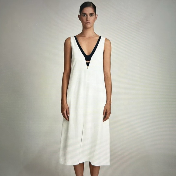 Reiss Dresses & Skirts - Reiss White Linen Midi Dress Contrast Navy Trim Deep V | US 2